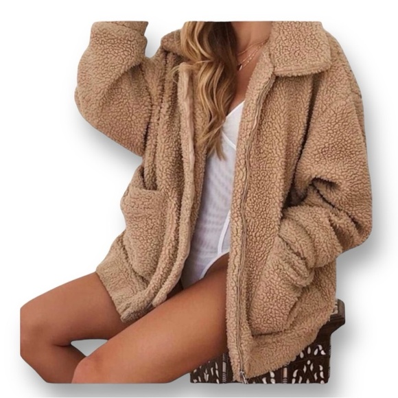 Steve Madden Teddy Jacket Zip Front with Square Pockets Sherpa Beige Sz M - Picture 1 of 16